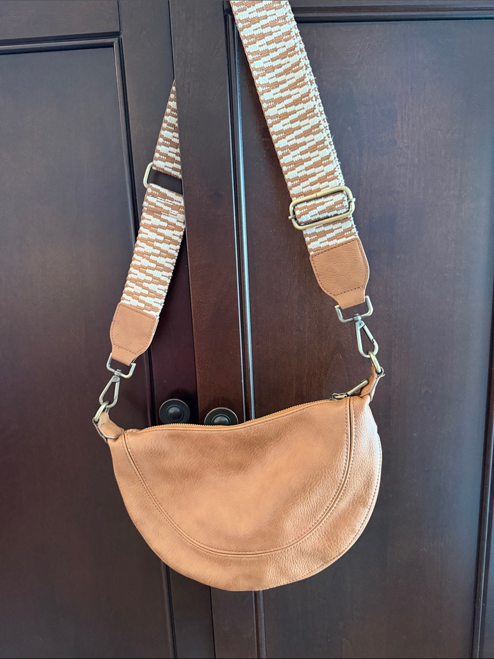 Anthropologie Tan Leather Crescent Crossbody with Patterned Strap